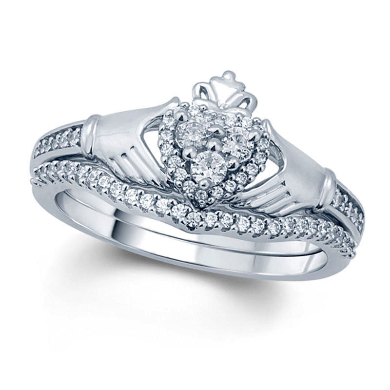 Image of ID 1 033 CT TW Natural Diamond Claddagh Bridal Engagement Ring Set in Solid 10K White Gold