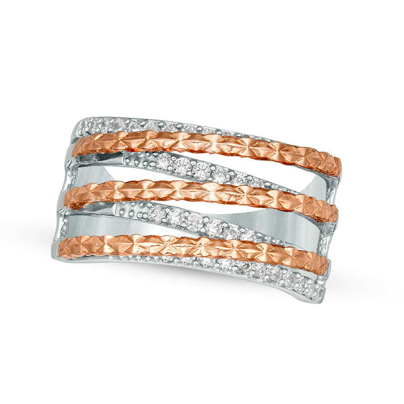 Image of ID 1 033 CT TW Natural Diamond Crossover Textured Split Ring in Solid 10K Two-Tone Gold