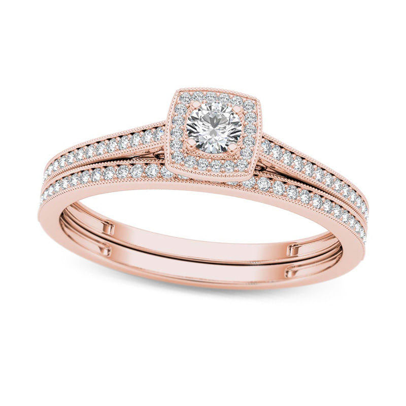 Image of ID 1 033 CT TW Natural Diamond Cushion Frame Antique Vintage-Style Bridal Engagement Ring Set in Solid 14K Rose Gold