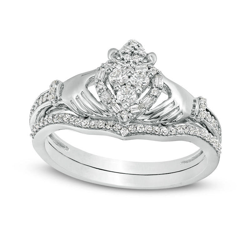 Image of ID 1 033 CT TW Natural Diamond Frame Claddagh Bridal Engagement Ring Set in Solid 10K White Gold