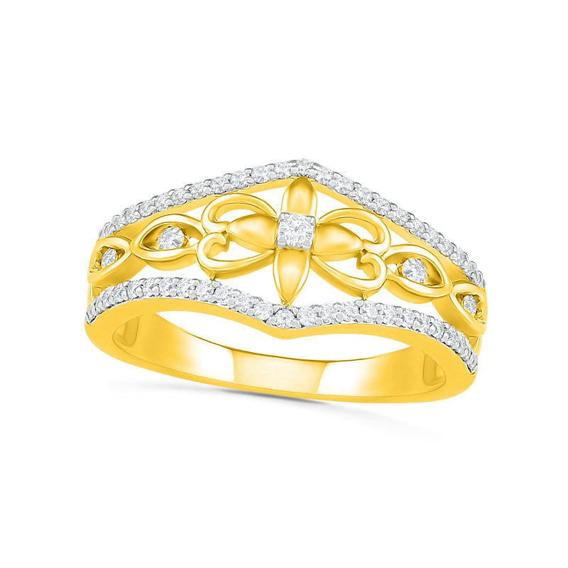 Image of ID 1 033 CT TW Natural Diamond Ornate Flower Ring in Solid 10K Yellow Gold