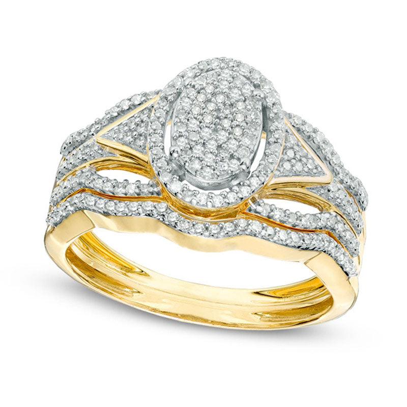 Image of ID 1 033 CT TW Natural Diamond Oval Composite Frame Bridal Engagement Ring Set in Solid 10K Yellow Gold