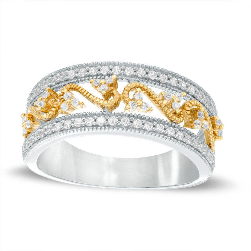 Image of ID 1 033 CT TW Natural Diamond Scroll Filigree Antique Vintage-Style Band in Solid 10K Two-Tone Gold