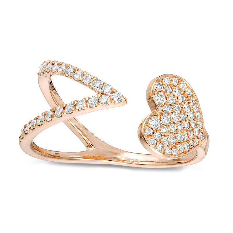 Image of ID 1 033 CT TW Natural Diamond Sideways Heart and Chevron Adjustable Open Ring in Solid 10K Rose Gold