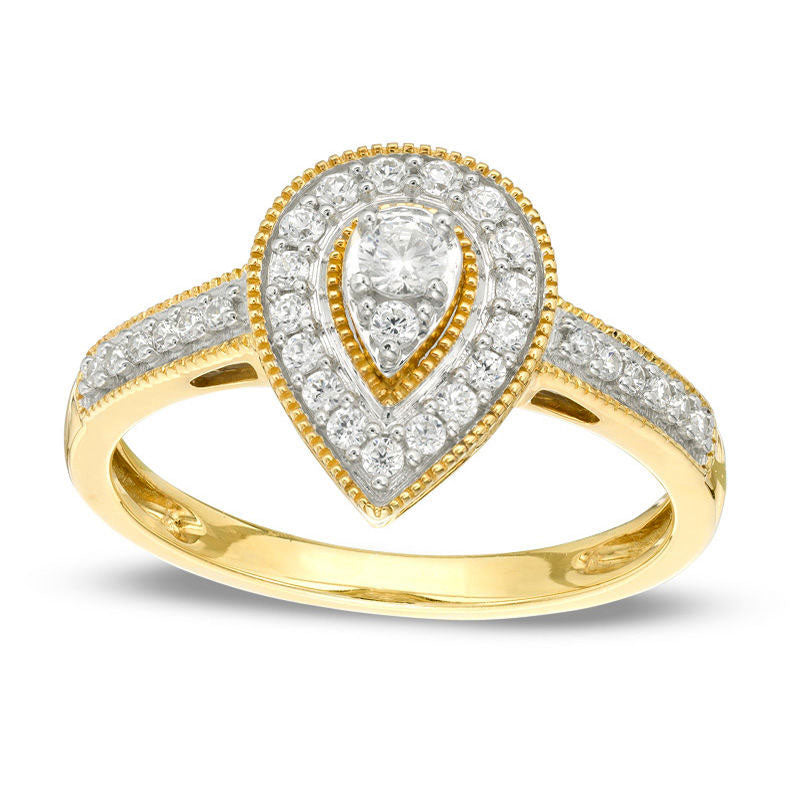 Image of ID 1 033 CT TW Natural Diamond Teardrop-Shaped Frame Antique Vintage-Style Engagement Ring in Solid 10K Yellow Gold