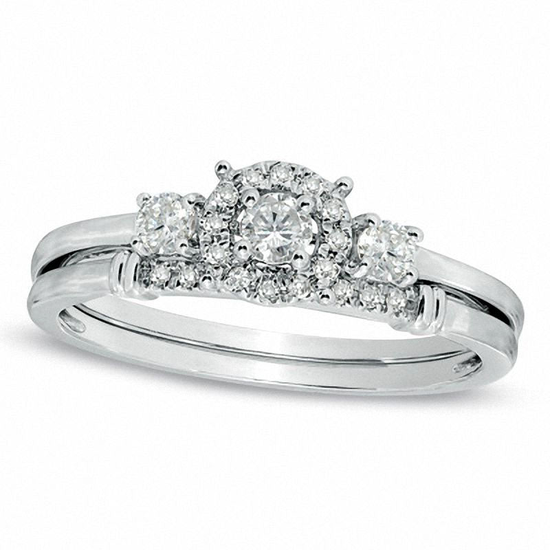 Image of ID 1 033 CT TW Natural Diamond Three Stone Bridal Engagement Ring Set in Solid 14K White Gold