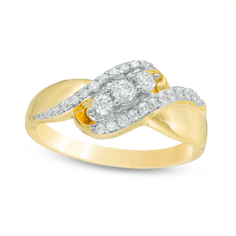 Image of ID 1 033 CT TW Natural Diamond Three Stone Bypass Ring in Solid 10K Yellow Gold