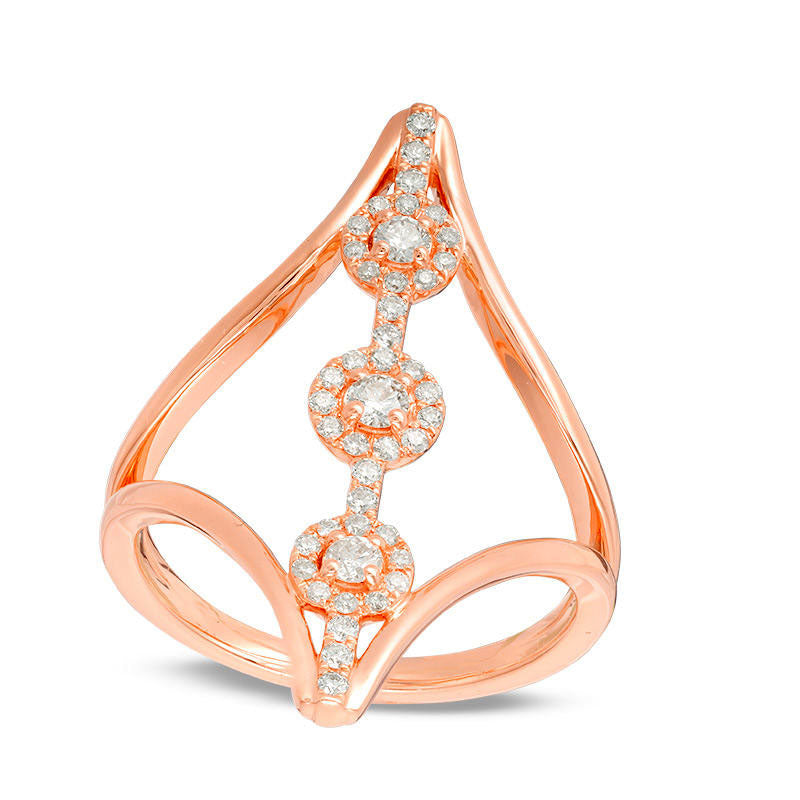 Image of ID 1 033 CT TW Natural Diamond Three Stone Frame Open Linear Ring in Solid 10K Rose Gold