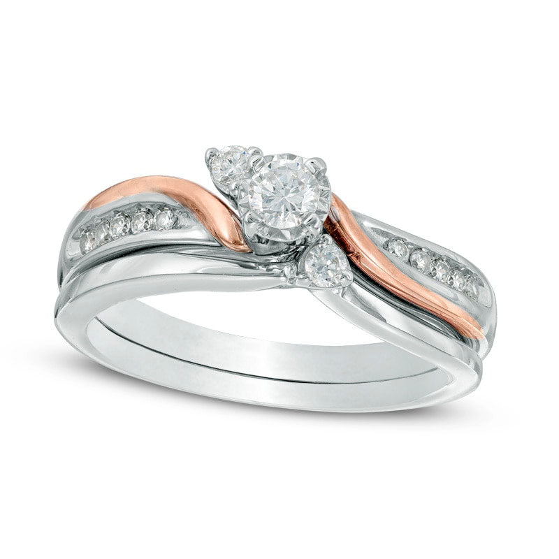 Image of ID 1 033 CT TW Natural Diamond Three Stone Slant Bridal Engagement Ring Set in Solid 10K Two-Tone Gold