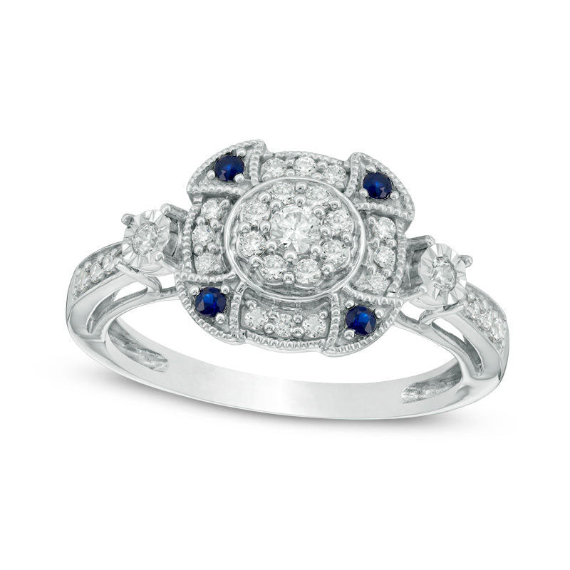 Image of ID 1 033 CT TW Natural Diamond and Blue Sapphire Double Frame Antique Vintage-Style Engagement Ring in Solid 10K White Gold