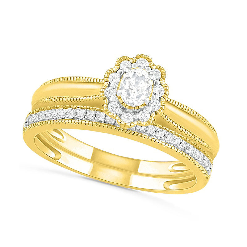 Image of ID 1 033 CT TW Oval Natural Diamond Scallop Frame Antique Vintage-Style Bridal Engagement Ring Set in Solid 10K Yellow Gold