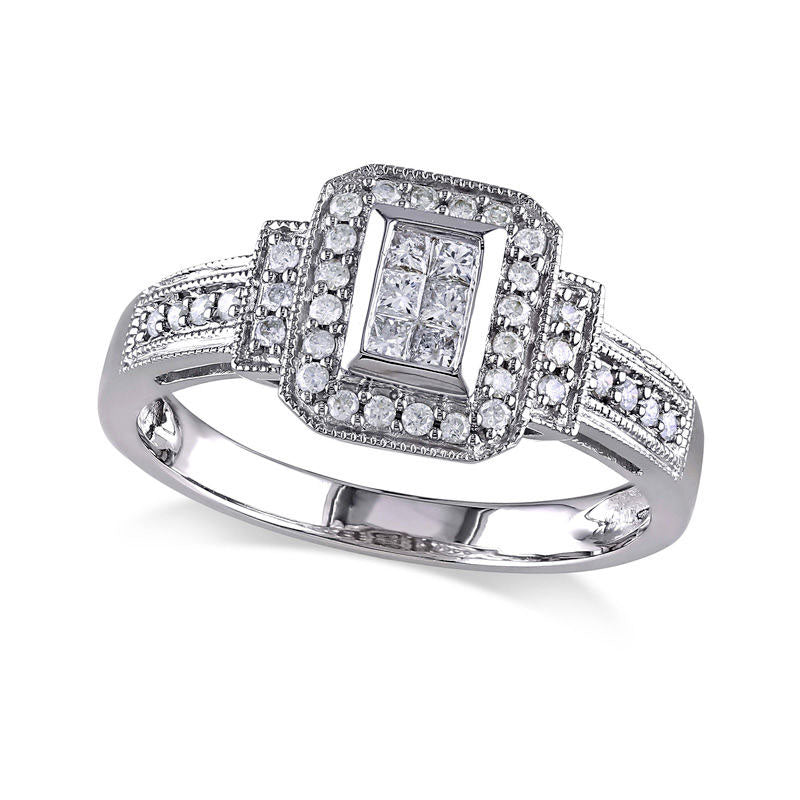 Image of ID 1 033 CT TW Princess-Cut Composite Natural Diamond Rectangle Frame Antique Vintage-Style Ring in Solid 14K White Gold