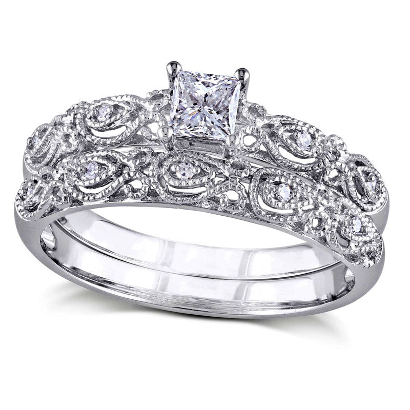 Image of ID 1 033 CT TW Princess-Cut Natural Diamond Antique Vintage-Style Bridal Engagement Ring Set in Solid 10K White Gold