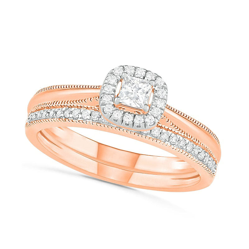 Image of ID 1 033 CT TW Princess-Cut Natural Diamond Frame Antique Vintage-Style Bridal Engagement Ring Set in Solid 10K Rose Gold
