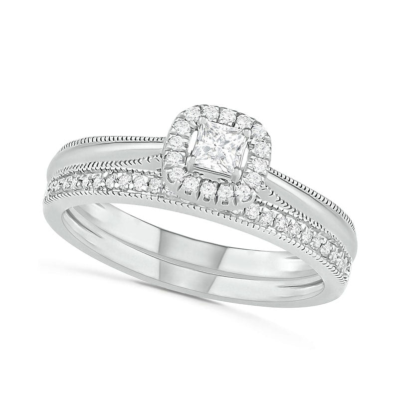 Image of ID 1 033 CT TW Princess-Cut Natural Diamond Frame Antique Vintage-Style Bridal Engagement Ring Set in Solid 10K White Gold