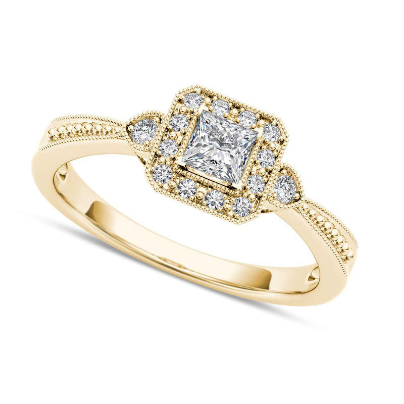 Image of ID 1 033 CT TW Princess-Cut Natural Diamond Frame Antique Vintage-Style Engagement Ring in Solid 14K Gold