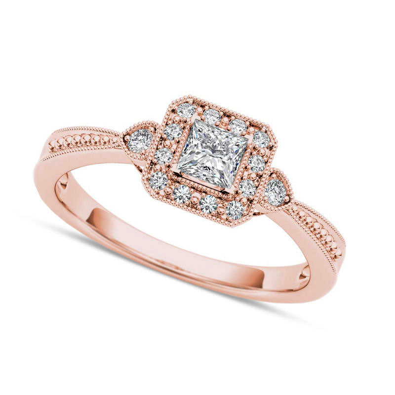 Image of ID 1 033 CT TW Princess-Cut Natural Diamond Frame Antique Vintage-Style Engagement Ring in Solid 14K Rose Gold