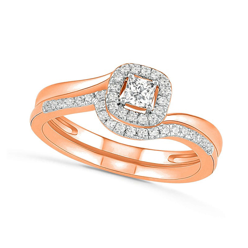 Image of ID 1 033 CT TW Princess-Cut Natural Diamond Frame Bypass Shank Bridal Engagement Ring Set in Solid 10K Rose Gold