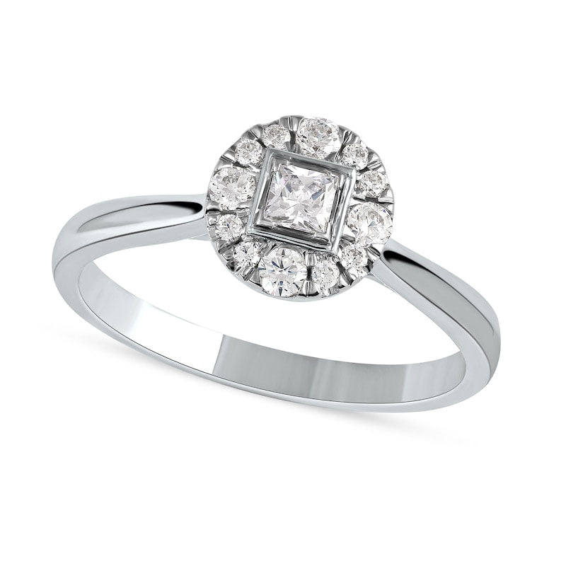 Image of ID 1 033 CT TW Princess-Cut Natural Diamond Round Frame Engagement Ring in Solid 10K White Gold (I/I3)