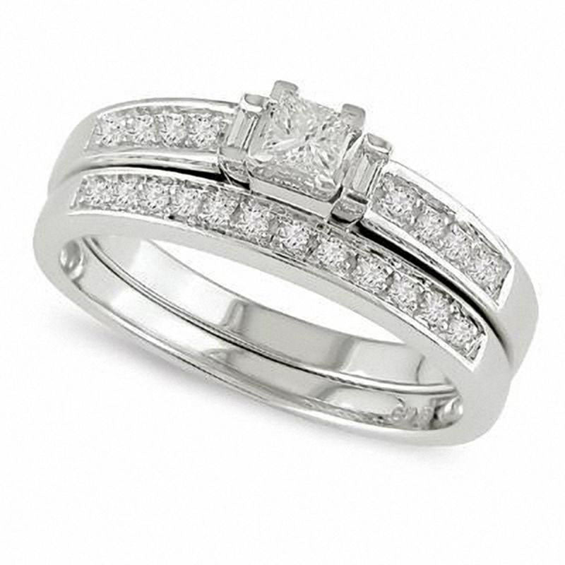 Image of ID 1 033 CT TW Princess-Cut Natural Diamond Three Stone Bridal Engagement Ring Set in Solid 10K White Gold