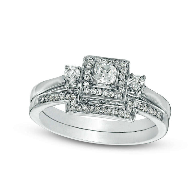 Image of ID 1 033 CT TW Princess-Cut Natural Diamond Three Stone Frame Bridal Engagement Ring Set in Solid 10K White Gold