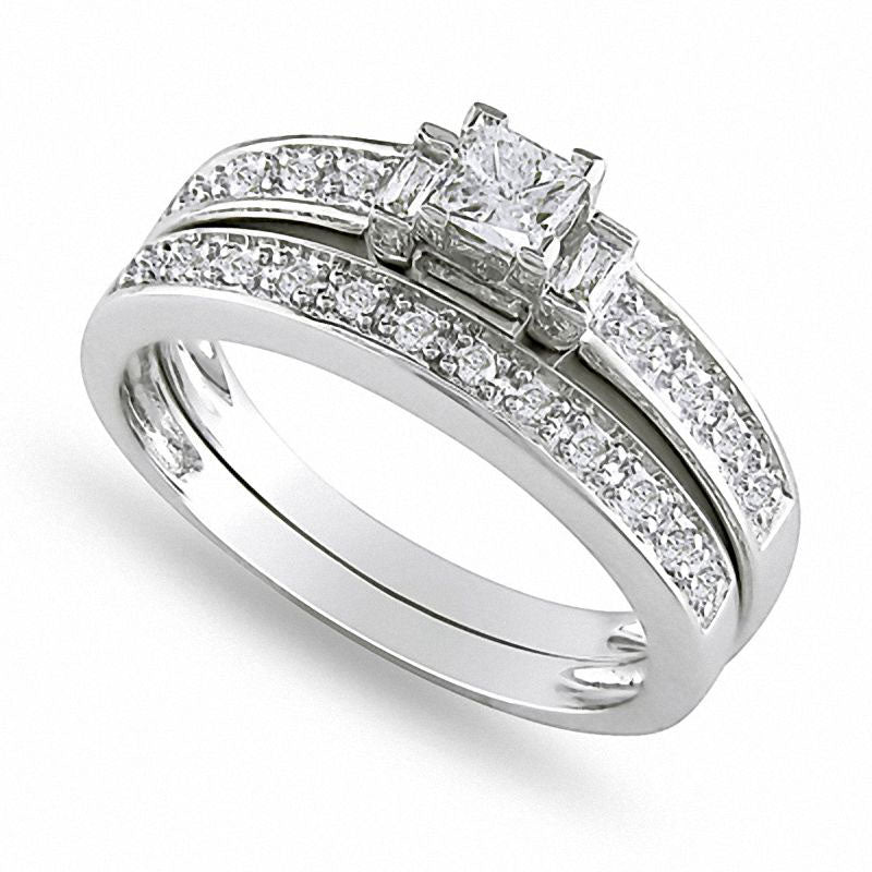 Image of ID 1 033 CT TW Princess-Cut and Baguette Natural Diamond Three Stone Bridal Engagement Ring Set in Sterling Silver