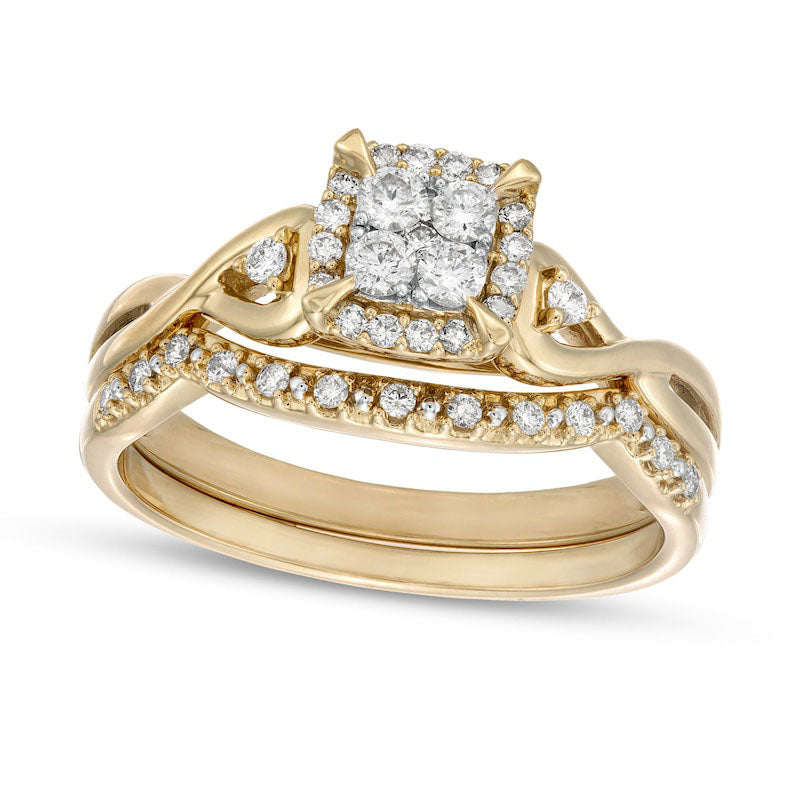 Image of ID 1 033 CT TW Quad Natural Diamond Cushion-Shaped Frame Twist Shank Bridal Engagement Ring Set in Solid 10K Yellow Gold