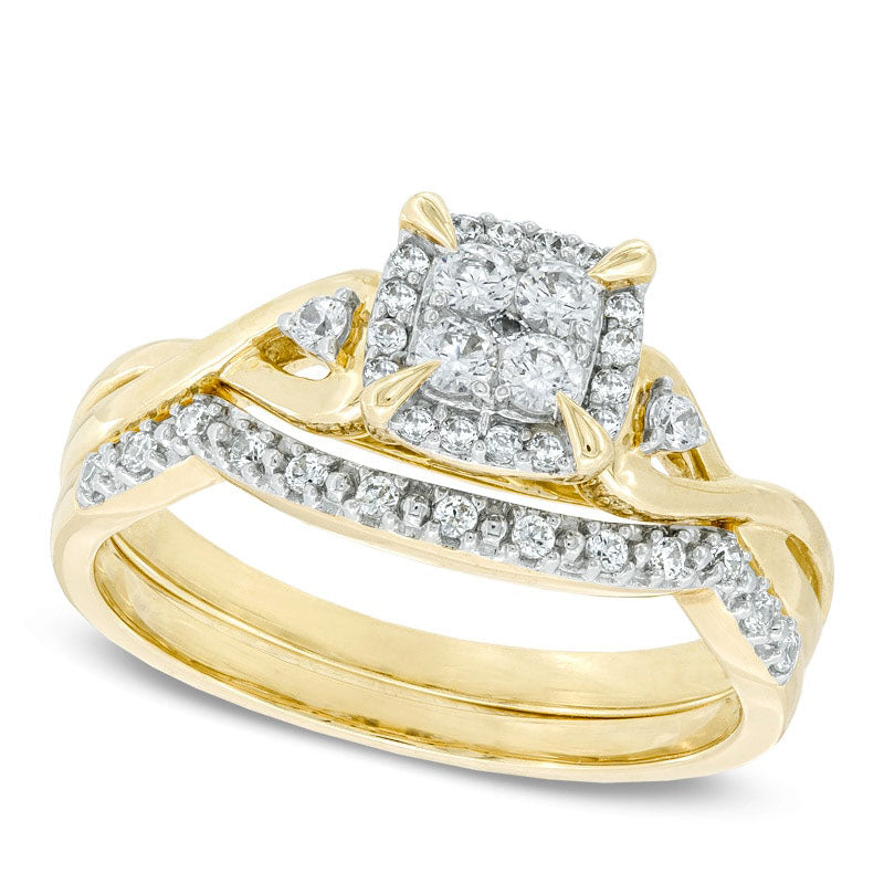 Image of ID 1 033 CT TW Quad Natural Diamond Frame Bridal Engagement Ring Set in Solid 10K Yellow Gold
