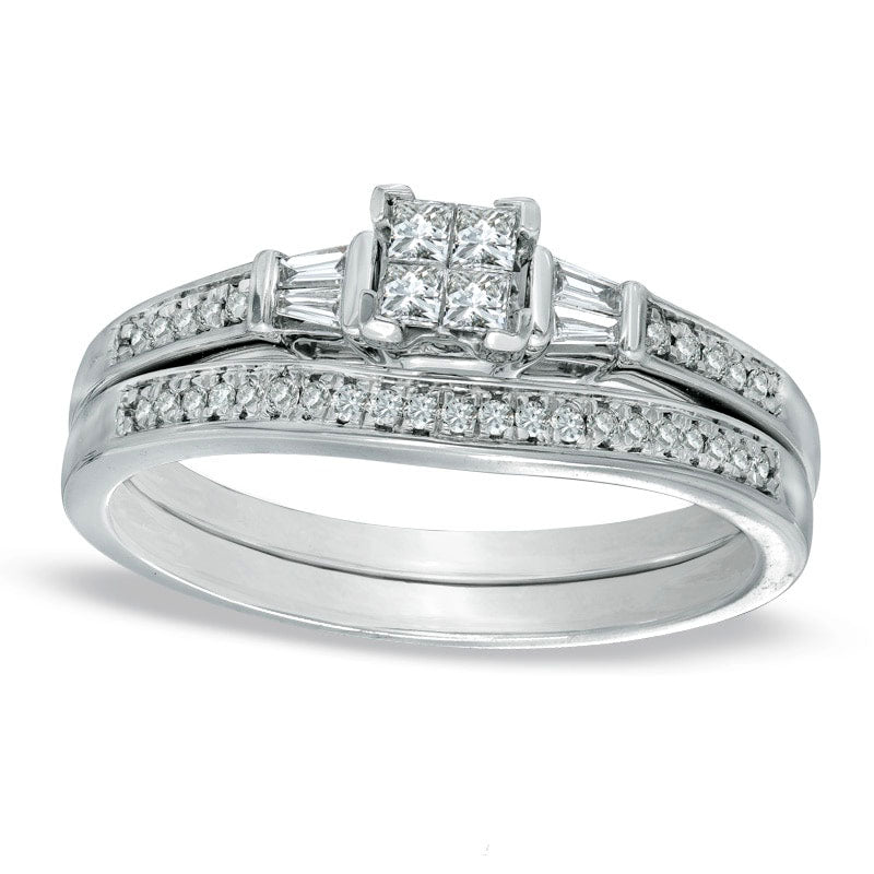 Image of ID 1 033 CT TW Quad Princess-Cut Natural Diamond Bridal Engagement Ring Set in Solid 10K White Gold