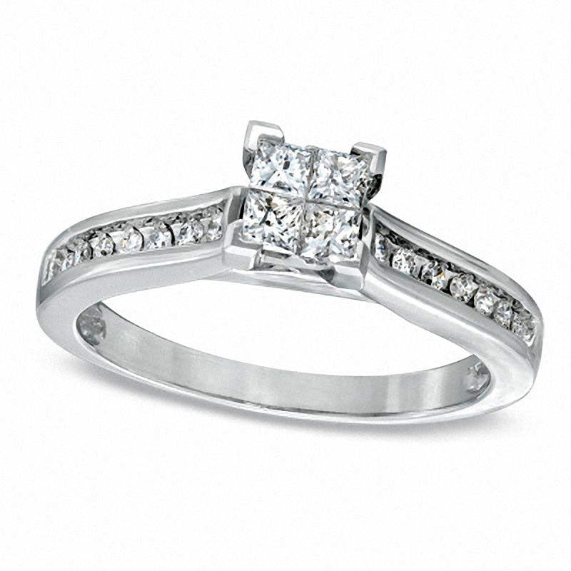 Image of ID 1 033 CT TW Quad Princess-Cut Natural Diamond Engagement Ring in Solid 10K White Gold