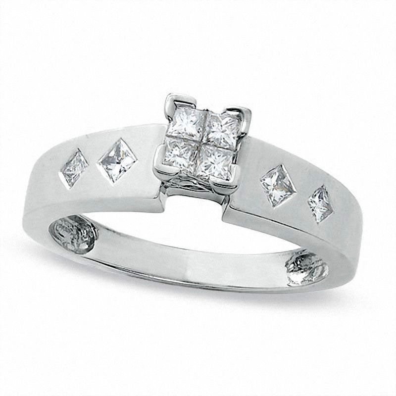 Image of ID 1 033 CT TW Quad Princess-Cut Natural Diamond Engagement Ring in Solid 14K White Gold