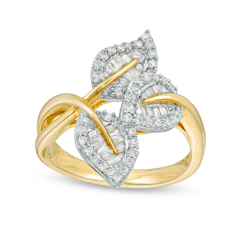 Image of ID 1 038 CT TW Baguette and Round Natural Diamond Bypass Triple Leaf Ring in Solid 10K Yellow Gold