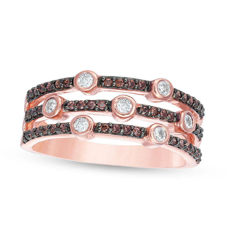 Image of ID 1 038 CT TW Champagne and White Natural Diamond Bezel-Set Station Multi-Row Stacked Ring in Solid 10K Rose Gold