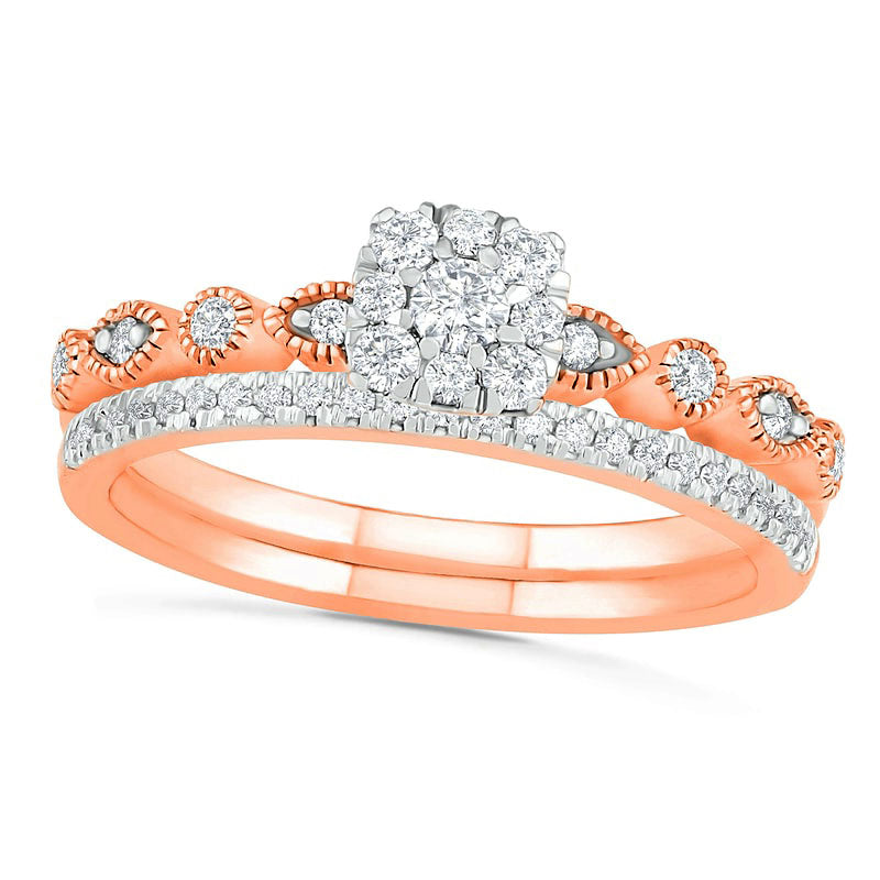 Image of ID 1 038 CT TW Composite Natural Diamond Antique Vintage-Style Alternating Bridal Engagement Ring Set in Solid 10K Rose Gold