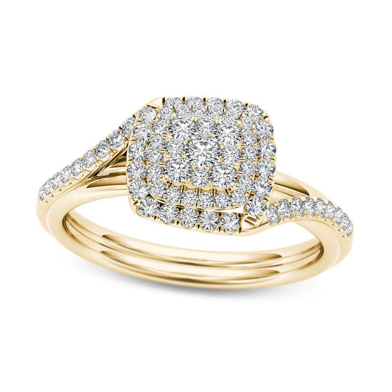 Image of ID 1 038 CT TW Composite Natural Diamond Double Square Frame Bypass Engagement Ring in Solid 14K Gold