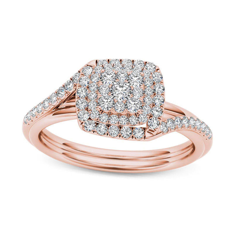 Image of ID 1 038 CT TW Composite Natural Diamond Double Square Frame Bypass Engagement Ring in Solid 14K Rose Gold