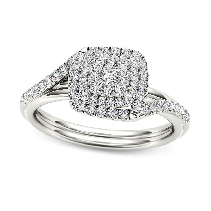 Image of ID 1 038 CT TW Composite Natural Diamond Double Square Frame Bypass Engagement Ring in Solid 14K White Gold