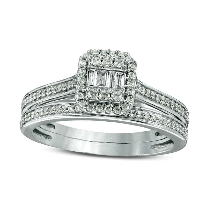 Image of ID 1 038 CT TW Composite Natural Diamond Octagonal Frame Bridal Engagement Ring Set in Solid 10K White Gold