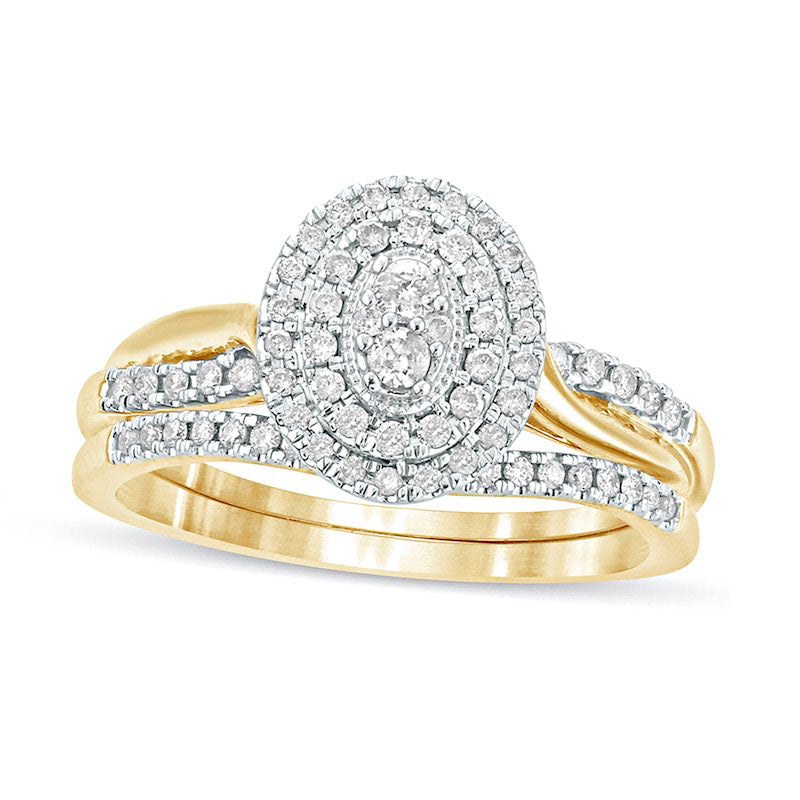 Image of ID 1 038 CT TW Composite Natural Diamond Oval Double Frame Twist Shank Bridal Engagement Ring Set in Solid 10K Yellow Gold