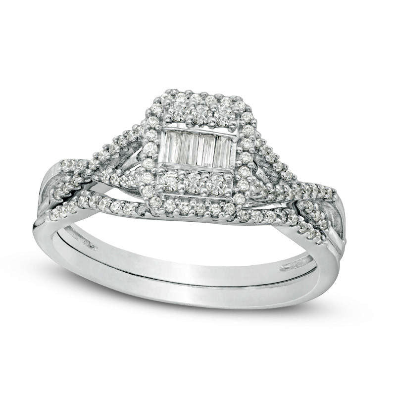 Image of ID 1 038 CT TW Composite Natural Diamond Rectangle Frame Twist Bridal Engagement Ring Set in Solid 10K White Gold