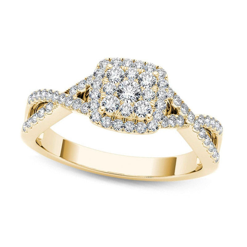 Image of ID 1 038 CT TW Composite Natural Diamond Square Frame Crossover Engagement Ring in Solid 14K Gold