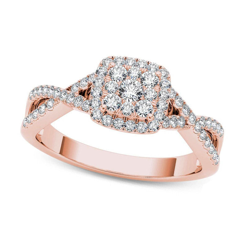 Image of ID 1 038 CT TW Composite Natural Diamond Square Frame Crossover Engagement Ring in Solid 14K Rose Gold