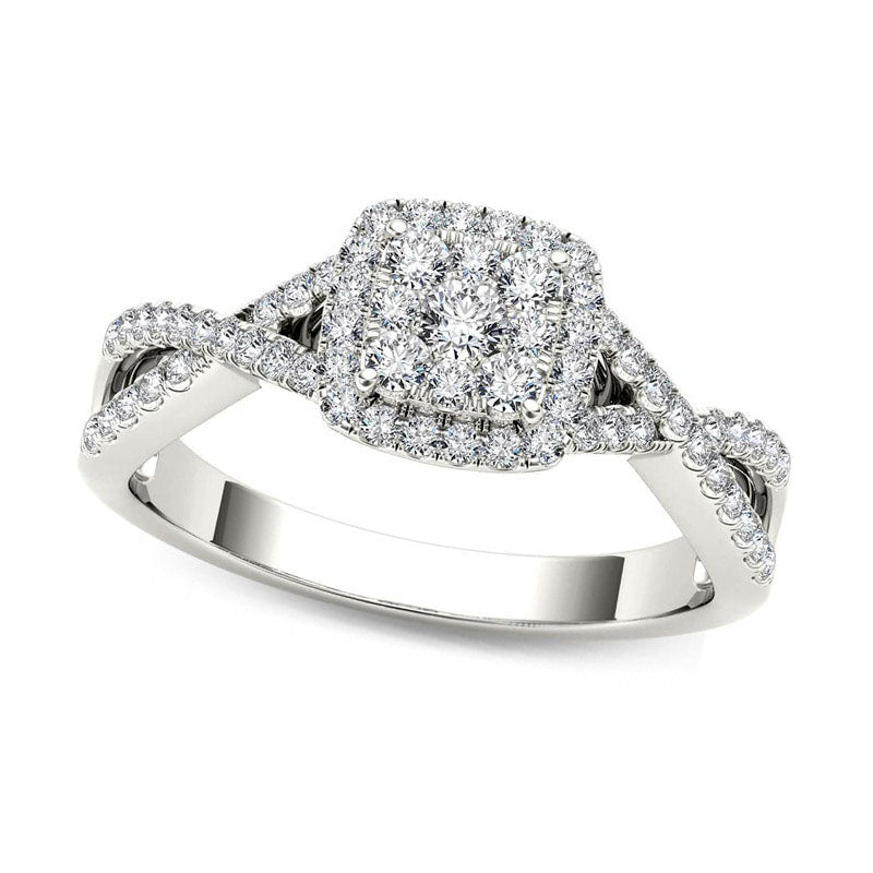 Image of ID 1 038 CT TW Composite Natural Diamond Square Frame Crossover Engagement Ring in Solid 14K White Gold