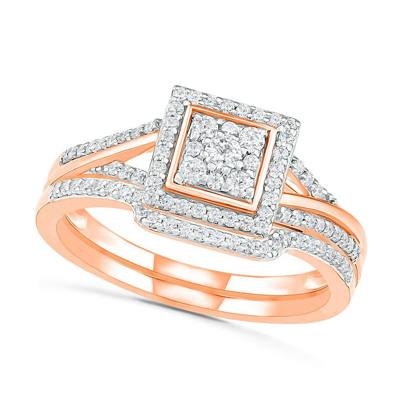 Image of ID 1 038 CT TW Composite Natural Diamond Square Frame Split Shank Bridal Engagement Ring Set in Solid 10K Rose Gold