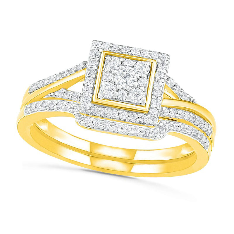 Image of ID 1 038 CT TW Composite Natural Diamond Square Frame Split Shank Bridal Engagement Ring Set in Solid 10K Yellow Gold