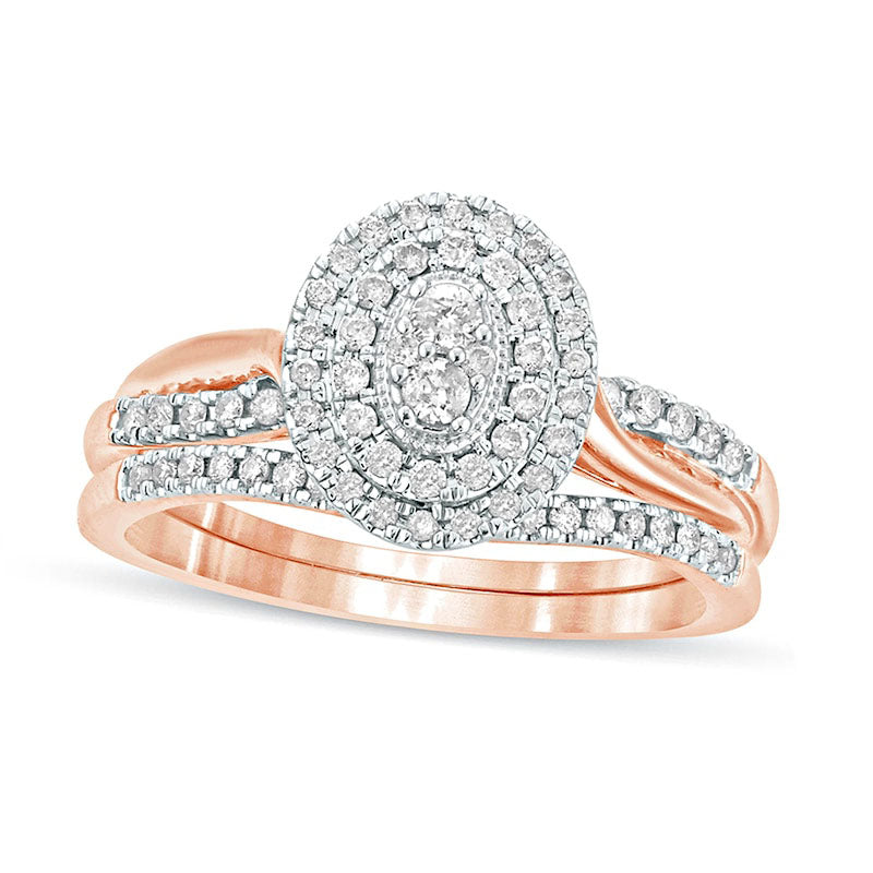 Image of ID 1 038 CT TW Composite Oval Natural Diamond Frame Bridal Engagement Ring Set in Solid 10K Rose Gold
