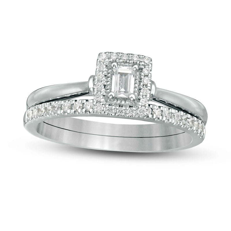 Image of ID 1 038 CT TW Emerald-Cut Natural Diamond Frame Bridal Engagement Ring Set in Solid 14K White Gold