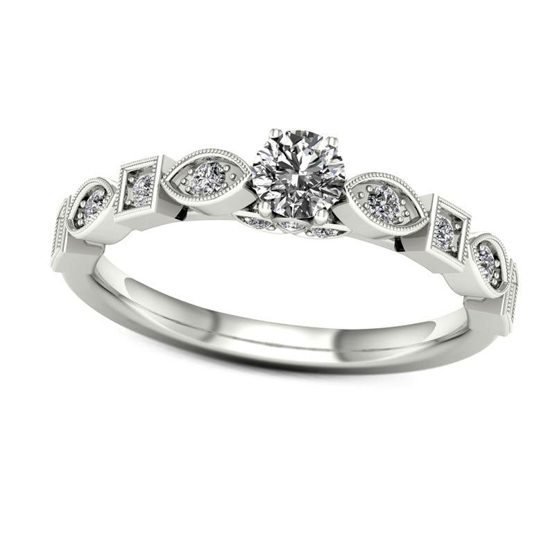 Image of ID 1 038 CT TW Natural Diamond Alternating Antique Vintage-Style Bridal Engagement Ring Set in Solid 14K White Gold