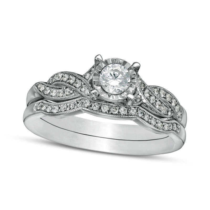 Image of ID 1 038 CT TW Natural Diamond Bypass Antique Vintage-Style Bridal Engagement Ring Set in Solid 10K White Gold