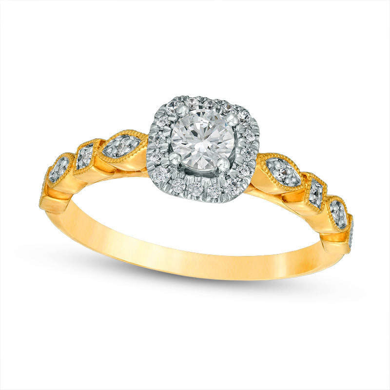 Image of ID 1 038 CT TW Natural Diamond Cushion Frame Alternating Antique Vintage-Style Engagement Ring in Solid 14K Gold
